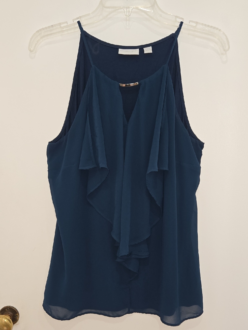 New York & Company Teal Blue Ruffled Cami With Silver Metallic Bar Detail